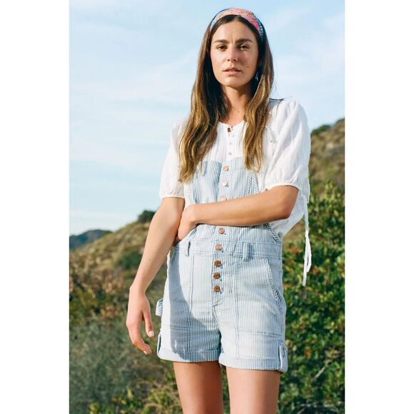 ANTHROPOLOGIE PILCRO SHORTALLS SIZE 32 STRIPED RAILROAD SHORTS BLUE WHITE bibs - Picture 1 of 13